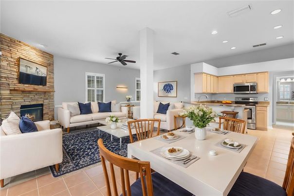 Dining room, Fireplace, Interior, Kitchen, Living room, Recessed Lighting, Stainless Steel Appliances, Stone Walls