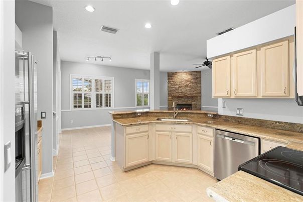 Fireplace, Interior, Kitchen, Recessed Lighting, Stone Walls