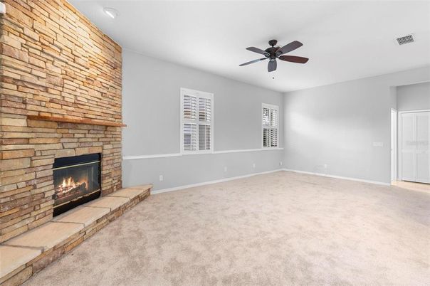 Empty room, Fireplace, Interior, Recessed Lighting, Stone Walls