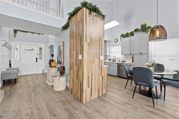 Dining room, Interior, Kitchen, Pendant Lights, Wood Texture Flooring