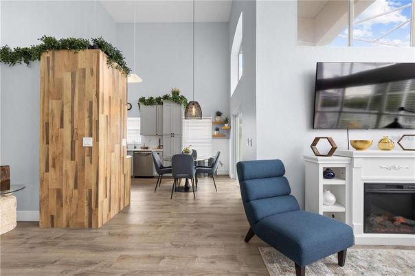 Dining room, Fireplace, Interior, Kitchen, Pendant Lights, Wood Texture Flooring