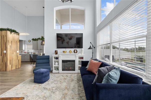 Fireplace, Interior, Kitchen, Living room, Pendant Lights, Wood Texture Flooring