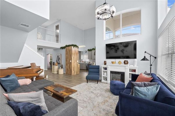 Fireplace, Interior, Living room, Pendant Lights, Piano, Wood Texture Flooring