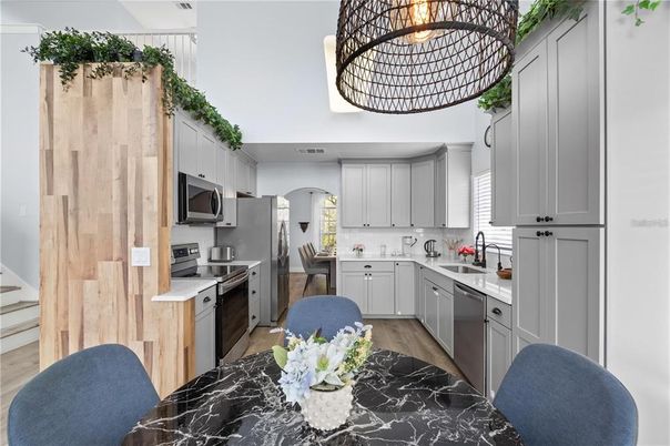 Interior, Kitchen, Pendant Lights, Stainless Steel Appliances, Wood Texture Flooring