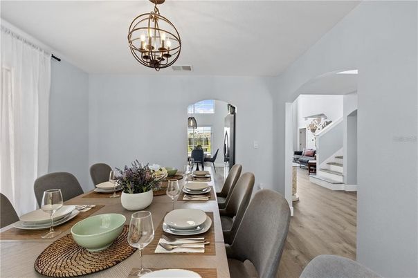 Chandelier, Dining room, Interior, Wood Texture Flooring