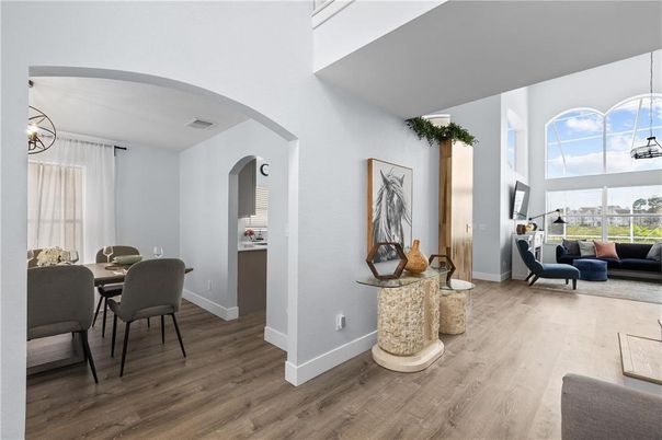 Dining room, Interior, Living room, Pendant Lights, Wood Texture Flooring