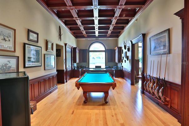 Billiard Table, Game Room, Interior, Wooden Beams, Wooden Ceilings, Wood Texture Flooring
