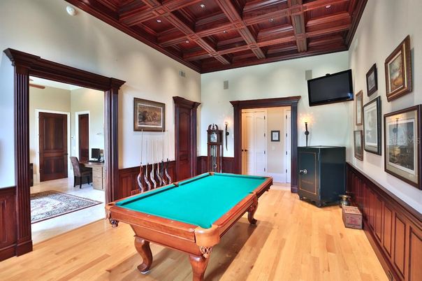 Billiard Table, Game Room, Interior, Wooden Beams, Wooden Ceilings, Wood Texture Flooring