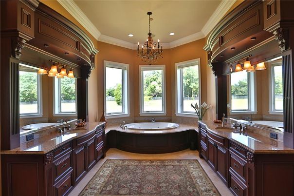 Bathroom, Chandelier, Dual Sink Vanities, Interior, Recessed Lighting