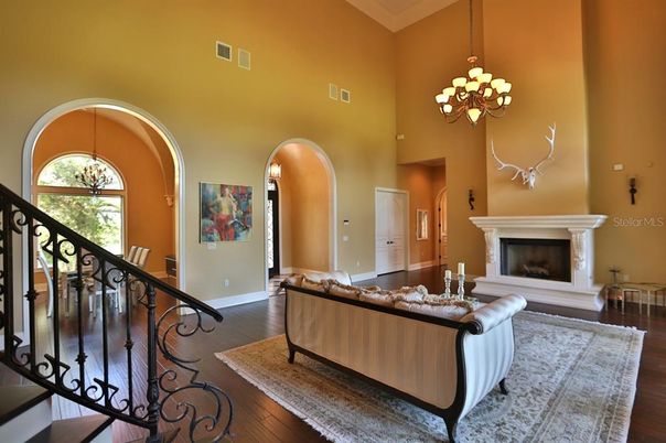 Chandelier, Fireplace, Interior, Living room, Wood Texture Flooring