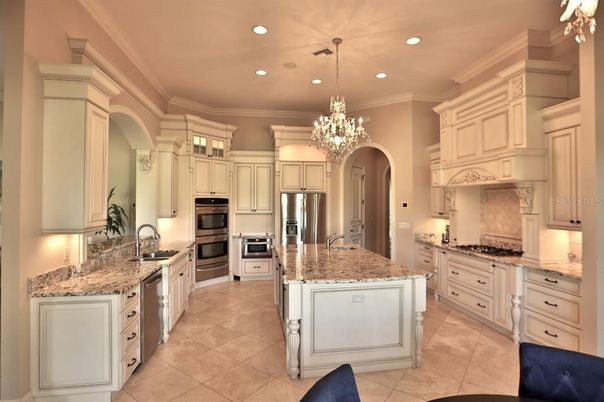 Chandelier, Interior, Kitchen, Recessed Lighting, Stainless Steel Appliances