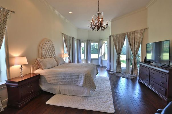 Bedroom, Chandelier, Interior, Recessed Lighting, Wood Texture Flooring
