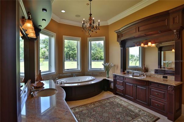 Bathroom, Chandelier, Dual Sink Vanities, Interior, Recessed Lighting