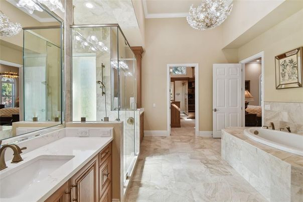 Bathroom, Chandelier, Dual Sink Vanities, Glass Shower, Interior, Marble, Pendant Lights