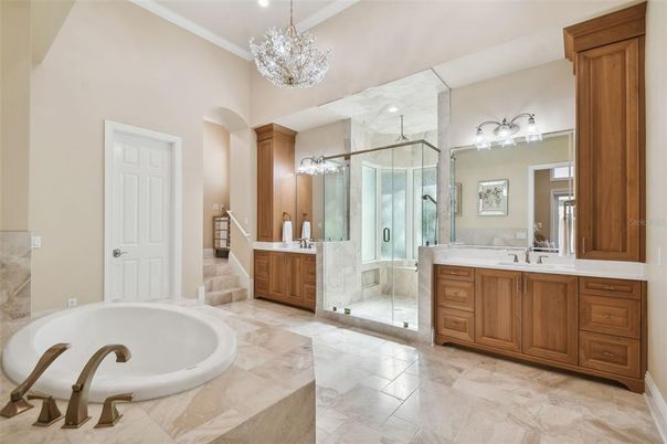 Bathroom, Chandelier, Dual Sink Vanities, Glass Shower, Interior, Recessed Lighting