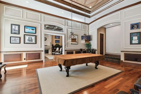 Billiard Table, Fireplace, Game Room, Interior, Pendant Lights, Recessed Lighting, Wood Texture Flooring