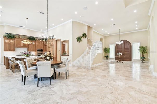 Dining room, Interior, Kitchen, Marble, Pendant Lights, Recessed Lighting