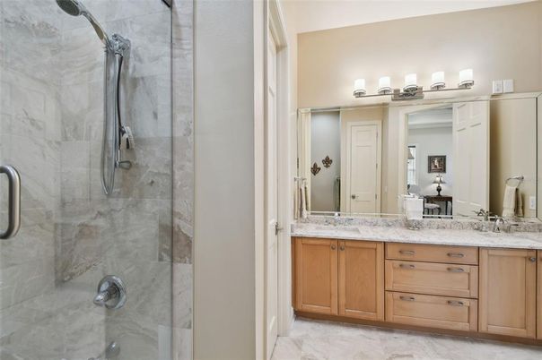 Bathroom, Dual Sink Vanities, Glass Shower, Interior, Marble Walls