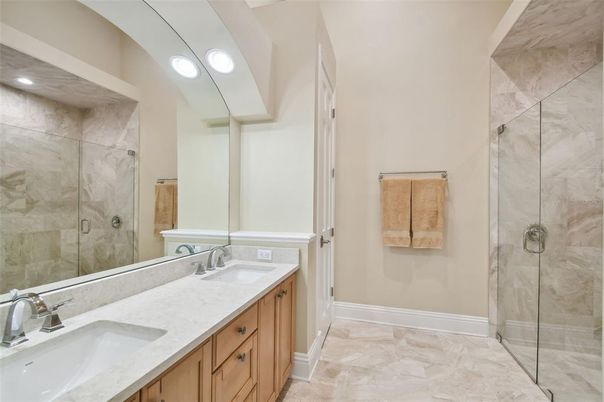 Bathroom, Dual Sink Vanities, Glass Shower, Interior, Recessed Lighting