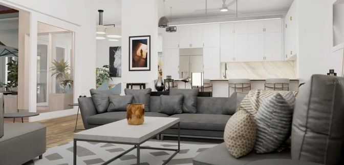 Interior, Kitchen, Living room, Pendant Lights, Wood Texture Flooring