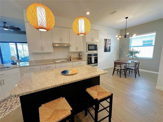 Dining room, Interior, Kitchen, Pendant Lights, Recessed Lighting, Wood Texture Flooring