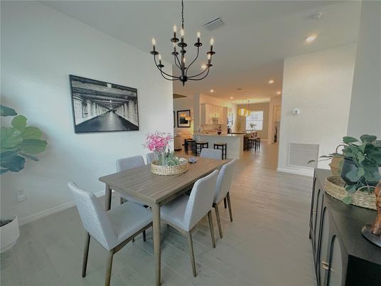 Chandelier, Dining room, Interior, Kitchen, Pendant Lights, Recessed Lighting, Wood Texture Flooring