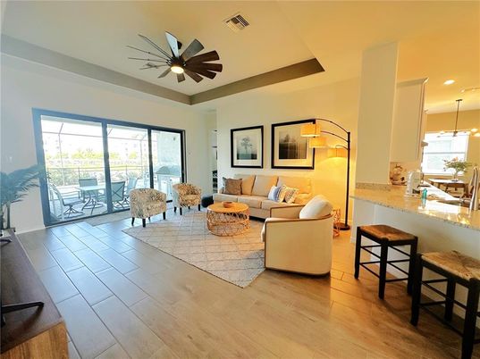 Interior, Living room, Pendant Lights, Recessed Lighting, Wood Texture Flooring