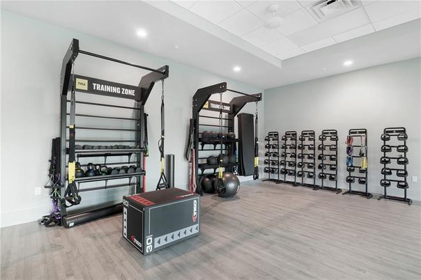 Fitness Equipment, Gym, Interior, Recessed Lighting, Wood Texture Flooring