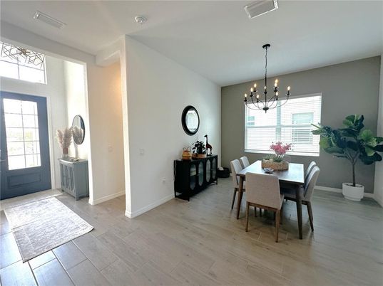 Dining room, Interior, Pendant Lights, Wood Texture Flooring
