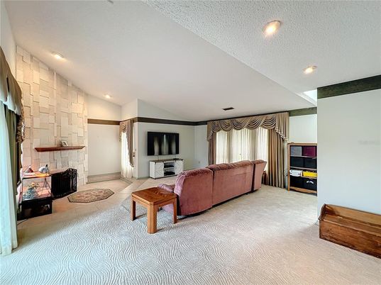 Fireplace, Interior, Living room, Recessed Lighting, Stone Walls