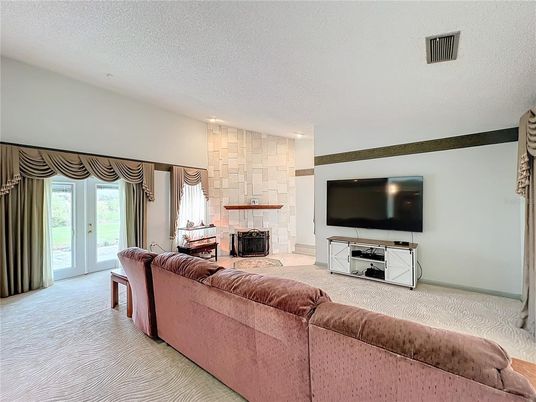 Fireplace, Interior, Living room, Recessed Lighting, Stone Walls