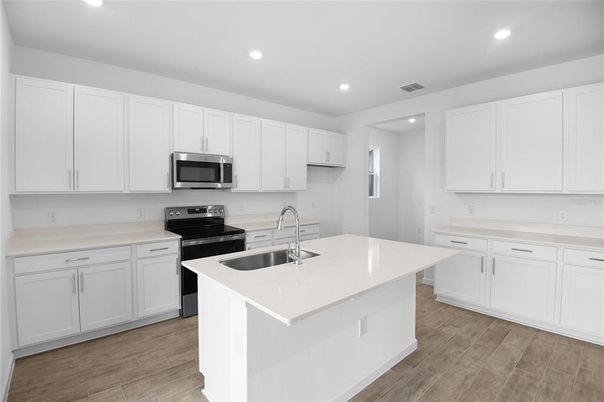 Interior, Kitchen, Recessed Lighting, Stainless Steel Appliances, Wood Texture Flooring