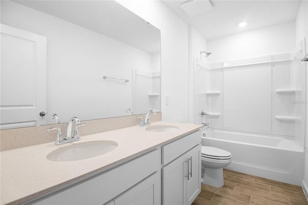Bathroom, Dual Sink Vanities, Interior, Recessed Lighting, Wood Texture Flooring