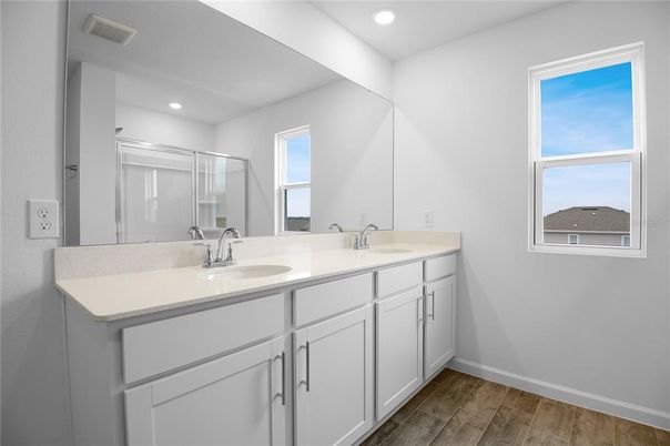 Bathroom, Dual Sink Vanities, Interior, Recessed Lighting, Wood Texture Flooring