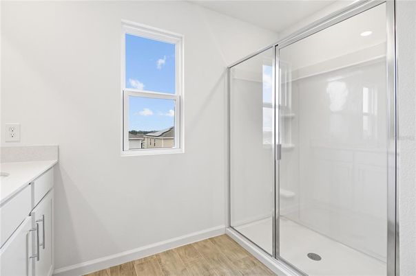 Bathroom, Glass Shower, Interior, Recessed Lighting, Wood Texture Flooring
