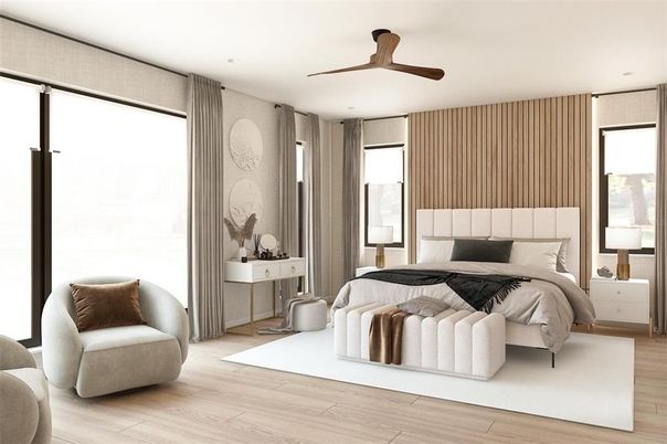 Bedroom, Interior, Recessed Lighting, Wood Texture Flooring