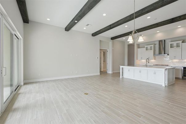 Empty room, Interior, Kitchen, Pendant Lights, Recessed Lighting, Wooden Beams, Wood Texture Flooring