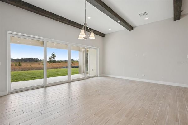 Empty room, Interior, Pendant Lights, Recessed Lighting, Wooden Beams, Wood Texture Flooring