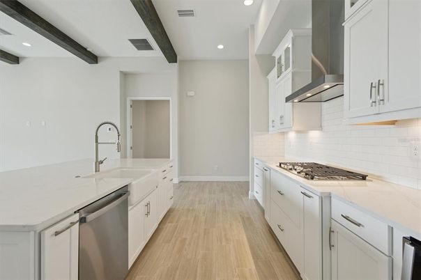 Interior, Kitchen, Recessed Lighting, Stainless Steel Appliances, Wooden Beams, Wood Texture Flooring