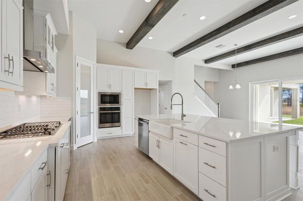 Interior, Kitchen, Pendant Lights, Recessed Lighting, Stainless Steel Appliances, Wooden Beams, Wood Texture Flooring