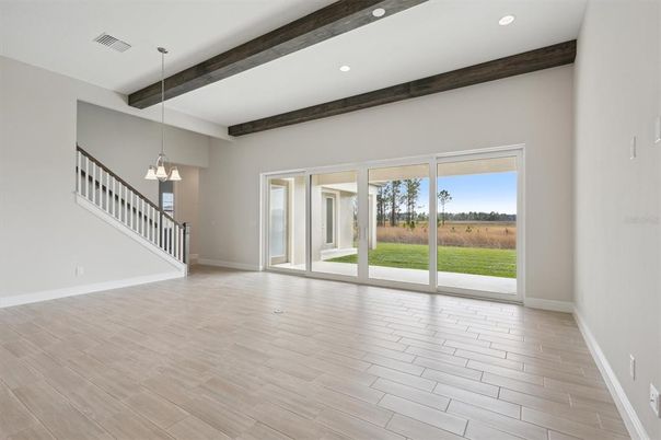 Empty room, Interior, Pendant Lights, Recessed Lighting, Wooden Beams, Wood Texture Flooring