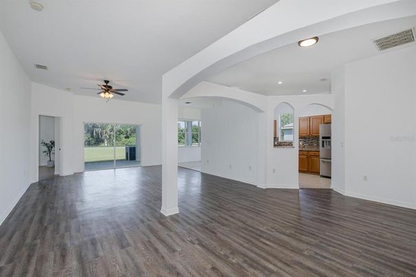 Empty room, Interior, Kitchen, Recessed Lighting, Wood Texture Flooring