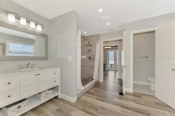 Bathroom, Glass Shower, Interior, Recessed Lighting, Wood Texture Flooring