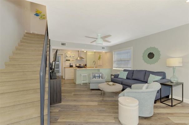 Interior, Kitchen, Living room, Pendant Lights, Recessed Lighting, Stainless Steel Appliances, Wood Texture Flooring