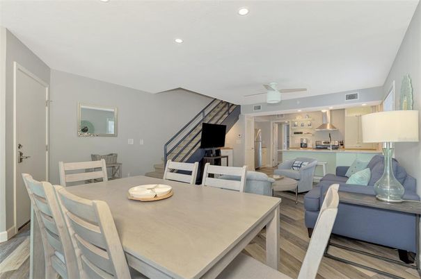 Dining room, Interior, Kitchen, Living room, Recessed Lighting, Wood Texture Flooring