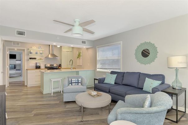 Interior, Kitchen, Living room, Recessed Lighting, Stainless Steel Appliances, Wood Texture Flooring