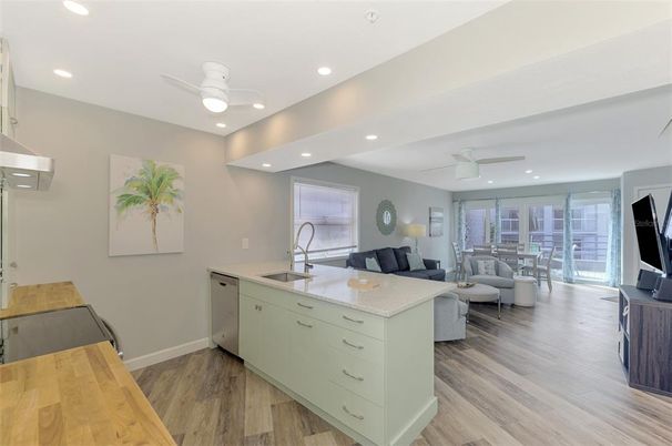 Dining room, Interior, Kitchen, Living room, Recessed Lighting, Wood Texture Flooring