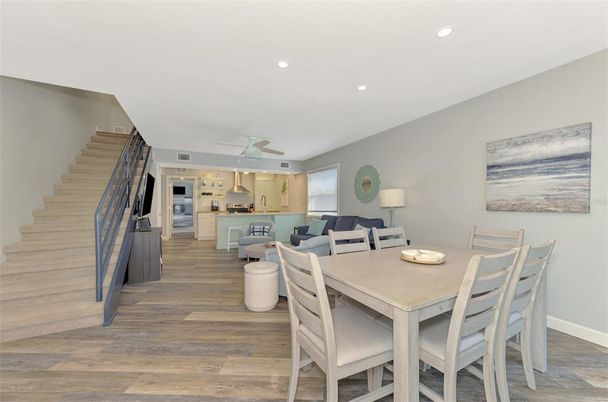 Dining room, Interior, Kitchen, Recessed Lighting, Stainless Steel Appliances, Wood Texture Flooring