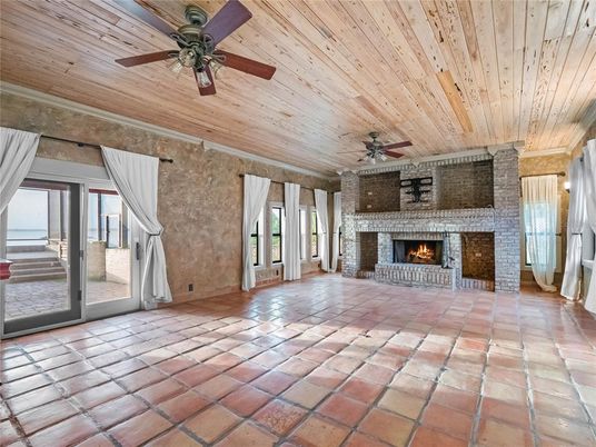 Empty room, Fireplace, Interior, Stone Walls, Wooden Ceilings