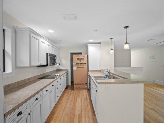 Interior, Kitchen, Pendant Lights, Recessed Lighting, Wood Texture Flooring